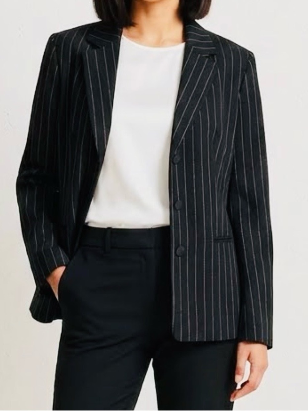 Lafayette 148 New York Pinstripe Blazer Jacket Women's Size 10 Wool Blend Black